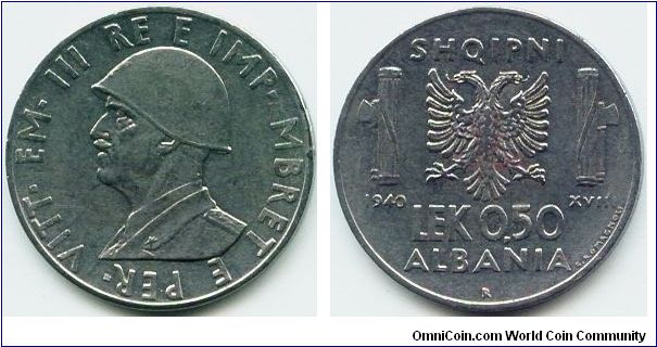 Albania, 0.50 lek 1940.
King Vittorio Emanuele III.