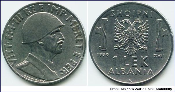 Albania, 1 lek 1939.
King Vittorio Emanuele III.