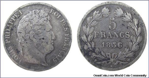 1836-A  5 Franc
KM #749.1