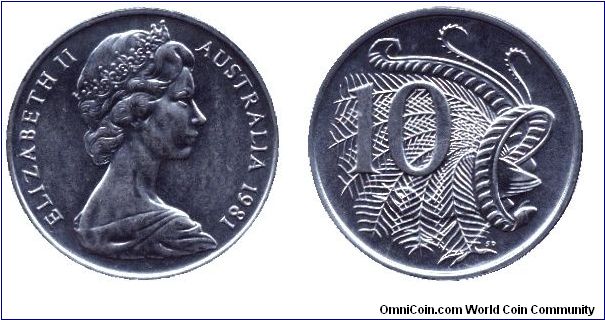 Australia, 10 cents, 1981, Cu-Ni, Superb Lyre-bird, Elizabeth II, part of set MS14.                                                                                                                                                                                                                                                                                                                                                                                                                                 