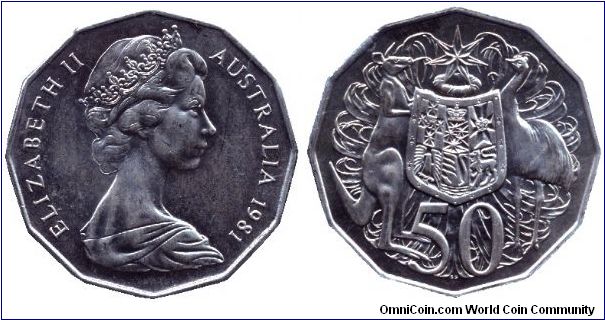 Australia, 50 cents, 1981, Cu-Ni, Elizabeth II, part of set MS14.                                                                                                                                                                                                                                                                                                                                                                                                                                                   