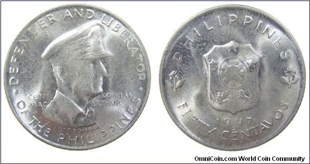 1947-S Phillippines 50 centavo
KM #184

silver .7500 (.2411) Mintage:200K