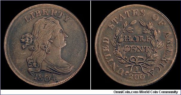 1804 U.S. Half Cent, Draped Bust, C-10 Variety.