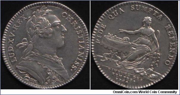 Silver jeton issued for the Paymasters of Pensions (Payeurs des Rentes). Mature bust of Louis XV obverse, Goddess seated at table counting money / cornucopia filling purses.