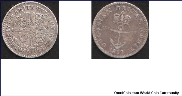 1822/1 $1/16th  `anchor' trade coinage for British West Indies. Overstrike difficult to see without magnifying glass. Tiny silver coin which, having seen plenty of wear, has remarkably escaped melting or being made into jewellery.