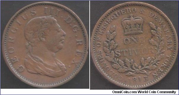 1813George III Essequebo and Demerary copper Stiver.
