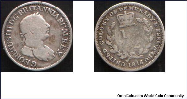 1816 George III Essequebo and Demerary Half Guilder. Less crudely struck and different designs from the 1809 series.