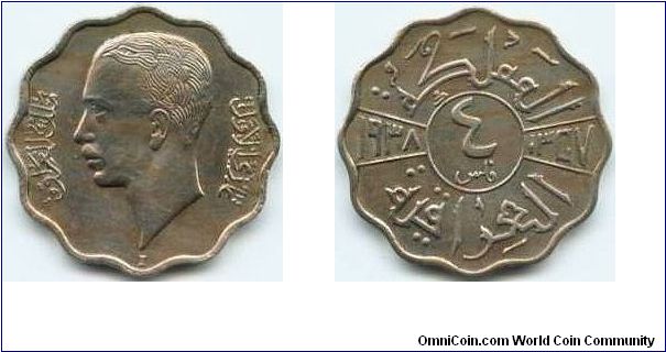 Iraq, 4 fils 1358 (1938).
King Ghazi I.