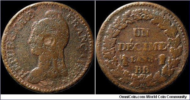 1800 Decime, France. (L'an 8)

An awful example from the Strasbourg mint.                                                                                                                                                                                                                                                                                                                                                                                                                                                       