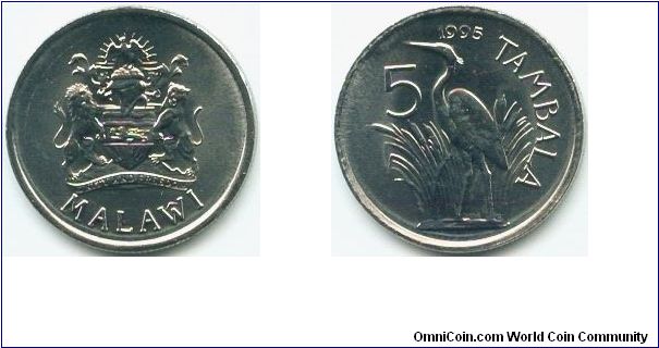 Malawi, 5 tambala 1995.
Purple Heron.