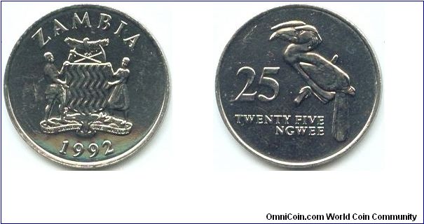 Zambia, 25 ngwee 1992.
Crowned Hornbill.