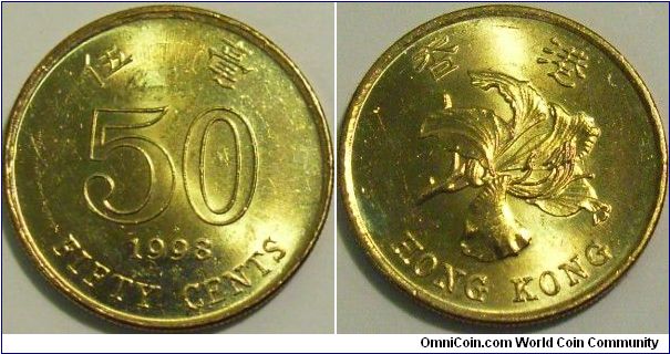 Hong Kong 1998 50 cents. UNC. Bright yellow UNC but the photograph doesn't show that up.