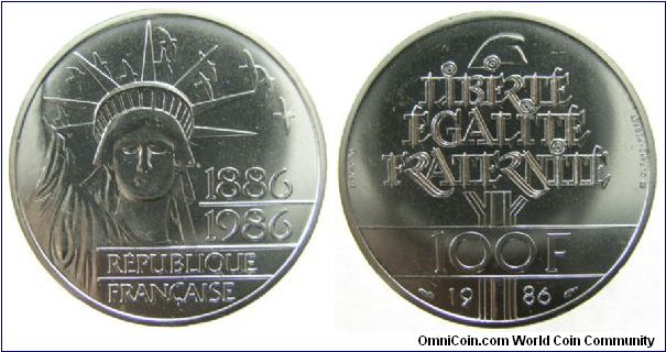 100 Francs - Statue of Liberty Centennial
KM #960
.900 silver (.434 oz) Mintage 4.27M