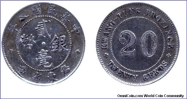 Kwang-Tung Province, 20 cents, 1919, Ag, Yr 8.                                                                                                                                                                                                                                                                                                                                                                                                                                                                      