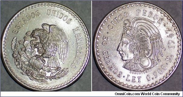 5 peso Mexican silver in uncirculated condition.  This one is my favorite obverse of all the Mexican dollar sized silvers.