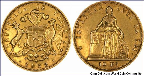 Gold 10 pesos of 1858. this is without 8/7 overdate.