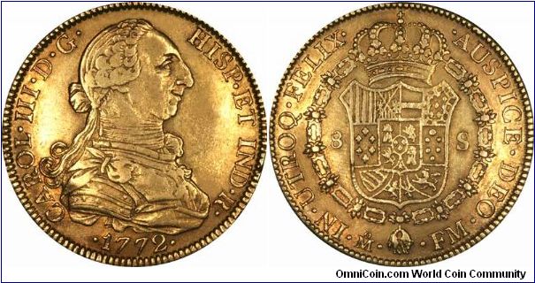 Pieces of Eight! 1772 Mexican 8 Escudos of Charles III, MO monogram mintmark for Mexico City. I wish we got more Latin American coins like this.