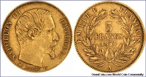 French 5 franc gold coins are considerably scarcer than 20 francs, and often show considerable signs of wear. This one was struck at the Paris Mint (A mintmark), and features Napoleon III.