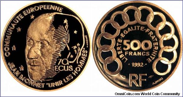 Dual currency denominated French gold commemorative coin, showing 500 francs value on one side, and 70 ECU's (European Currency Unit) on the other. Obverse legend reads: Jean Monnet Unir Les Hommes - Communaute Europeenne.