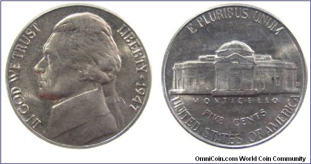 1947-D Jefferson nickel.