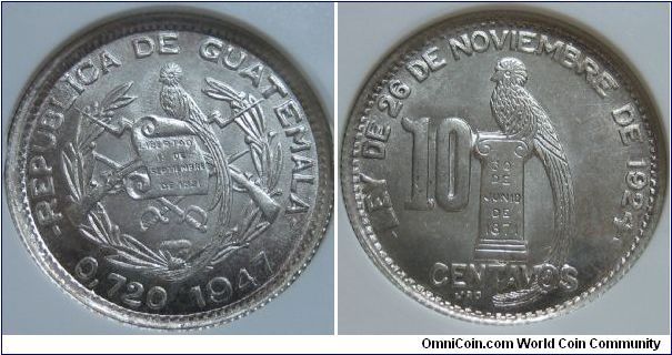 10 centavos - Long-tailed type obverse Ag720