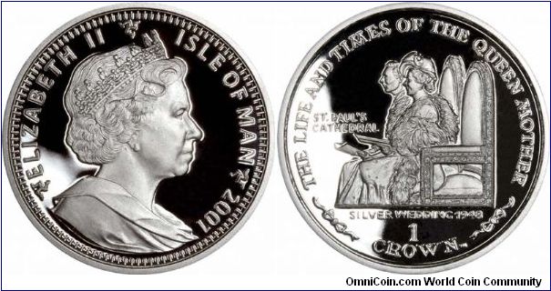 Queen Elizabeth the Queen Mother at her Silver Wedding Anniversary in St. Paul's Cathedral, with George VI, in 1948. Life and times of the Queen Mother on Manx silver proof crown.