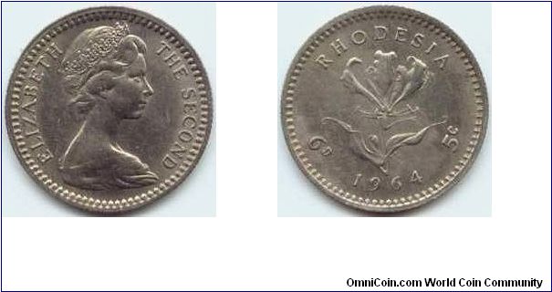 Rhodesia, 6 pence (5 cents) 1964.
Queen Elizabeth II.