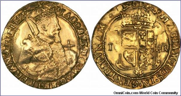 Scottish gold UNIT issued by James I of Scotland in 1609. As James I of England, he also issued a very similar UNITE gold coin. On the Scottish version. the mintmark is a thistle, and the Scottish arms can be seen in the first and fourth quarters of the shield.