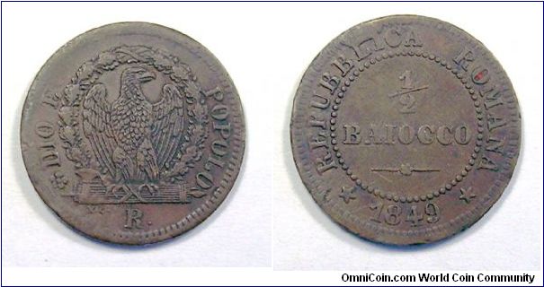 II Roman Republic (1848-1849)

1/2 Baiocco

Copper