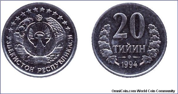 Uzbekistan, 20 tijin, 1994, Uzbekiston Respublikasi.                                                                                                                                                                                                                                                                                                                                                                                                                                                                