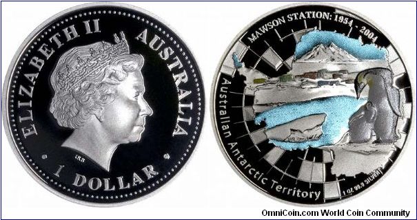 Silver proof dollar, with very attractive colouring for the 50th anniversary of Mawson Station in Antarctica.