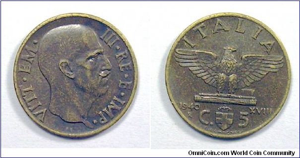 Kingdom of Italy

V. Emanuele III

5 Cent. II Type

Bronzital