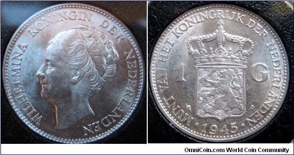 1945-P 1 gulden.  Minted in Philadelphia during the war.  Most of these coins were melted, and the silver returned to the U.S. as payment toward the Netherlands' war debt.