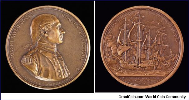 John Paul Jones, Comitia American medal by Dupis. Paris restrike, ca 1880 to 1901. Cornucopia BRONZE edge mark.