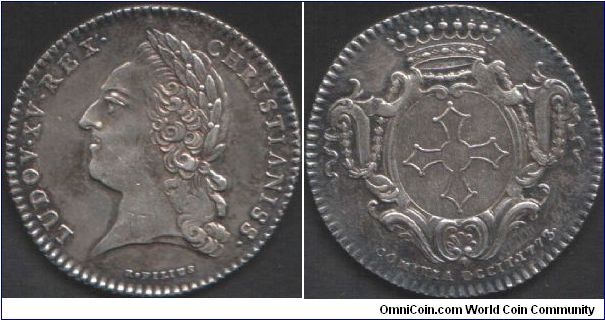 Silver jeton for theLanguedoc Estates. Bust of Louis XV to left by Charles Norbert Roettier (R. Filius). Reverse, arms of Toulouse.