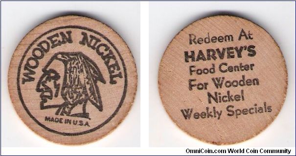 Harvey-advertising on wooden Nickel type 2 North Carolina region