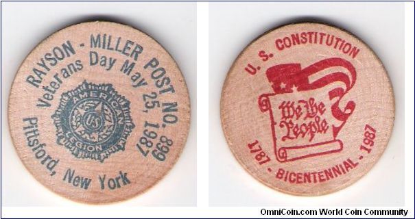 wooden- Nickel American Legion Post#899 of Pittsford , New York