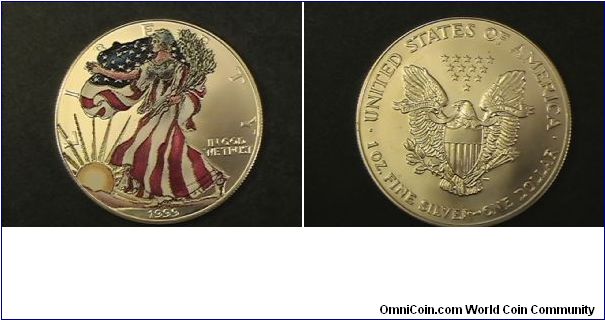 USA 1oz silver Dollar, colorized obverse. Light cover of enamel on Walking Liberty and Sun. Easily removed to bring coin back to original sates.
