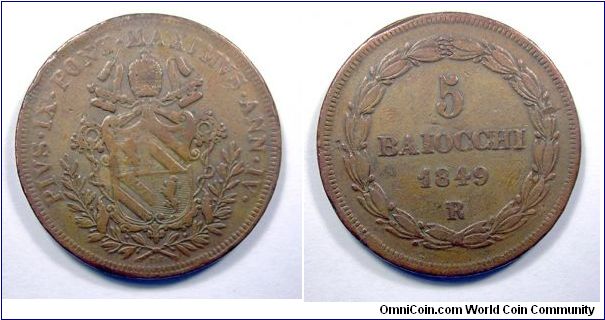 Papal States

Pius IX

5 baiocchi I type

Copper