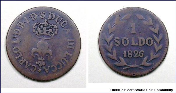 Duchy of Lucca.
Carlo Ludovico Borbone.
1 Soldo
1826
Copper