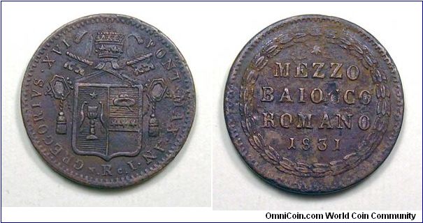 Papal States
Gregorius XVI
1/2 Baiocco I type.
Rome mint
Copper
