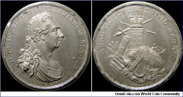 King George III Enters the Fiftieth Year of His Reign, Great Britain. This piece is by the famous British artist J. Westwood. It measures 45mm and there is some confusion in British Historical Medals over the wording of the legend on the obverse. This is a second example.                                                                                                                                                                                                                                    