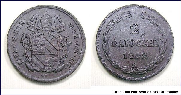 Papal States

Pius IX

2 Baiocchi I type
Rome mint

Copper