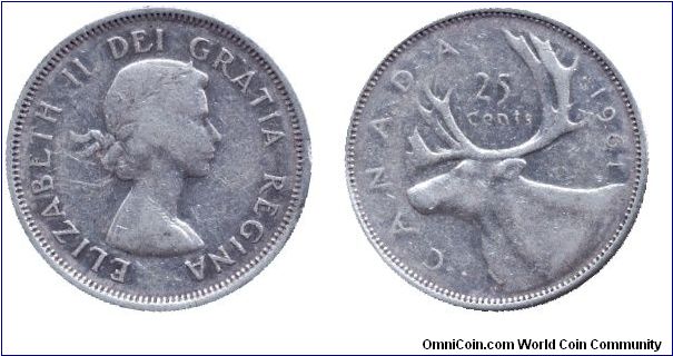 Canada, 25 cents, 1961, Ag, Queen Elizabeth II, Caribou.                                                                                                                                                                                                                                                                                                                                                                                                                                                            