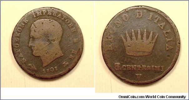 Napoleonic Kingdom of Italy.

3 Centesimi
Venice mint
Copper.

Just a filler, waiting a better example
