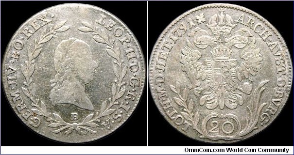 1791 20 Kreuzer, Austria.

Leopold II and the Kremnitz mint.                                                                                                                                                                                                                                                                                                                                                                                                                                                                    