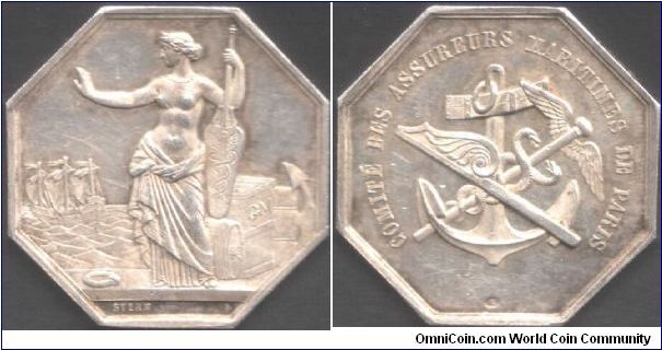 Silver jeton struck for the Comite Assureurs Maritimes de Paris (Maritime assurers). This one  was struck after 1880 (cornucopia edge mark). it also has a very small counterstamp at the bottom reverse.