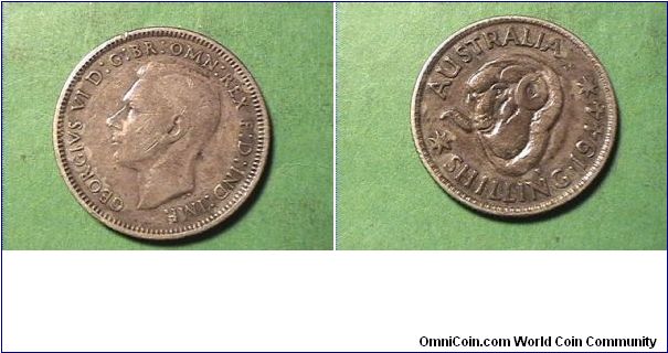 GEORGIVS VI DG BR OMN REX FD IND IMP
AUSTRALIA ONE SHILLING 1944-S
0.9250 silver