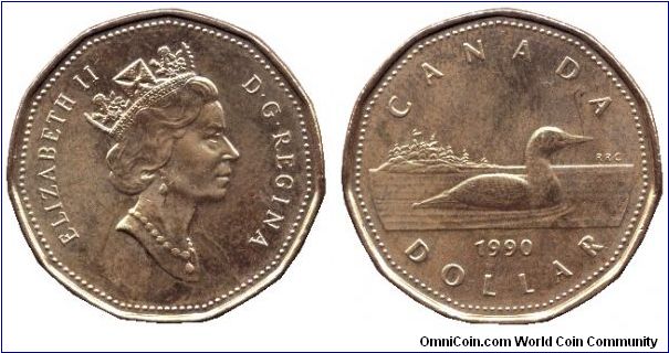 Canada, 1 dollar, 1990, Ni-Bronze, Queen Elizabeth II, Common Loon.                                                                                                                                                                                                                                                                                                                                                                                                                                                 