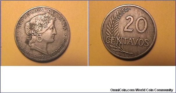 REPUBLICA PERUANA
UN MIL NOVECIENTOS VEINTIUNO ( date spelled out)
20 CENTAVOS
copper-nickel